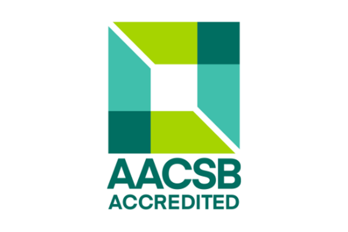 Blue and green rectangles with the words &quot;AACSB Accredited&quot; 